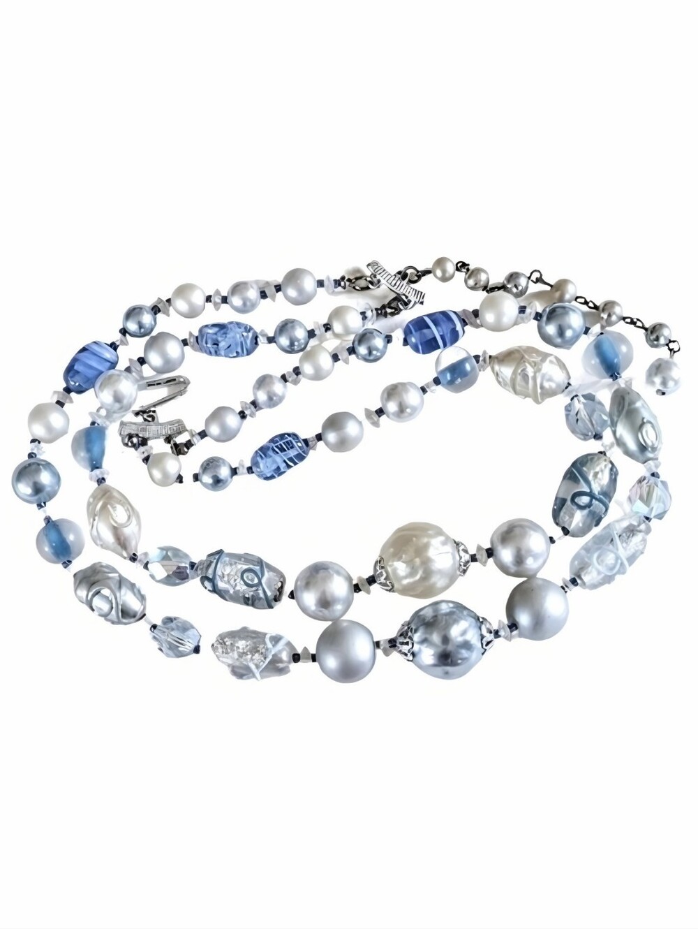 💙 Vintage 2 Strand Blue AB Art Glass Crystal Pearl Bead Layered Necklace